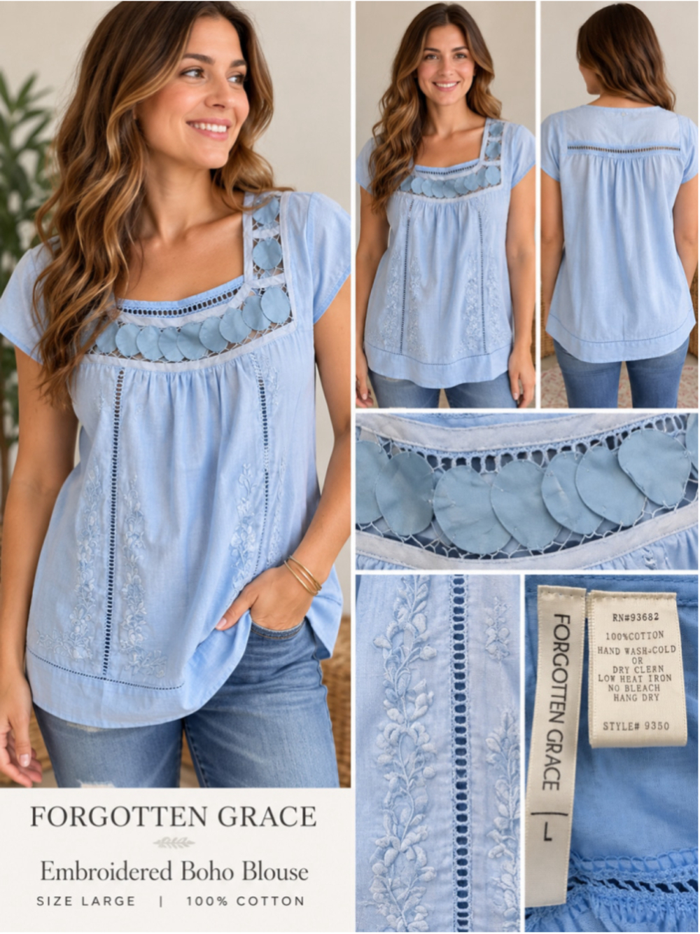 Women's Forgotten Grace Blue Embroidered Boho Blouse Size L